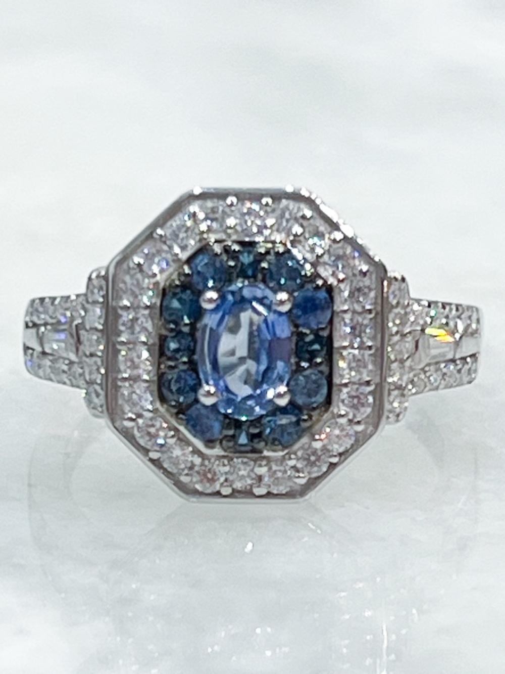 Ceylon Blue Sapphire &Moissanite Sterling Silver Double Halo Ring Sz 8 - Picture 11 of 12